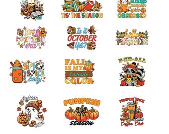 May include: A collection of fall-themed digital download designs featuring pumpkins, autumn leaves, and phrases like "Pumpkin Spice Coffee Club" and "Fall is My Favorite Color." The designs are in various colors, including orange, brown, and green.