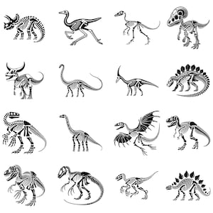 May include: A set of black and white illustrations depicting dinosaur skeletons. The image showcases different dinosaur species, such as Triceratops and Stegosaurus, in a detailed, scientific style. Ideal for educational resources or prehistoric themed decorations.