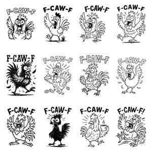 Może przedstawiać: Dwanaście czarno-białych ilustracji kogutów z kreskówek, każda z tekstem "F-CAW-F" powyżej. Koguty mają różne pozy i ekspresje, sugerujące zaskoczenie lub alarm. Ilustracje są prawdopodobnie humorystyczne.