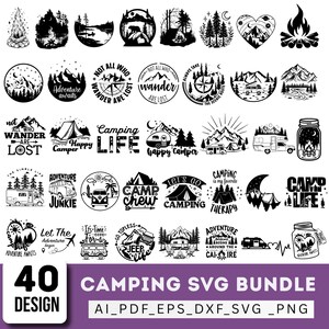 Pode incluir: Uma coleção de 40 designs gráficos em preto e branco com temas de acampamento, atividades ao ar livre e aventura. As ilustrações incluem montanhas, pinheiros, fogueiras, tendas, autocaravanas e frases como Camping Life e Adventure Awaits.