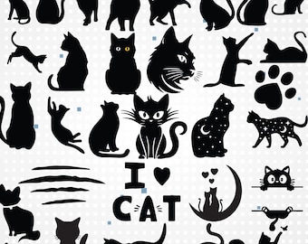 Può includere: Una collezione di sagome di gatti neri in varie pose, tra cui in piedi, seduti e che saltano. Alcuni gatti hanno gli occhi gialli. È presente anche la frase "I love cat". L'immagine è su sfondo bianco con piccoli quadrati blu.