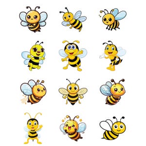 Könnte beinhalten: Zwölf Cartoon-Bienen in verschiedenen Posen. Jede Biene ist gelb und schwarz mit blauen Flügeln. Einige lächeln, winken oder fliegen. Die Bienen befinden sich auf weißem Hintergrund.