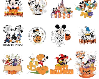 May include: A collection of Halloween-themed graphics featuring Mickey Mouse and friends. Designs include Mickey dressed as a mummy, holding a jack-o'-lantern, and various Halloween phrases. The bottom of the image includes the text "SVG - PNG - PDF" and "INSTANT DOWNLOAD."