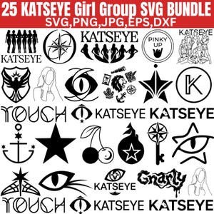 Puede incluir: Un paquete digital de 25 diseños gráficos en blanco y negro con el texto 25 KATSEYE GIRL GROUP SVG BUNDLE SVG,PNG,JPG,EPS,DXF. La colección incluye siluetas de figuras, estrellas, ojos, anclas, cerezas, llaves y la palabra KATSEYE.