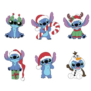 Puede incluir: Una colección de seis imágenes de dibujos animados de Stitch de Lilo & Stitch, cada una con un tema festivo navideño. Stitch se representa en varias poses, usando gorros de Papá Noel, cuernos de reno y atuendos con temas navideños. Las imágenes son de estilo caricaturesco con colores brillantes.