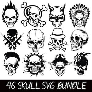 Skulls SVG Bundle | Skull Clipart PNG Files | Gothic Tattoo Skull Designs | Skeleton svg,Halloween Skull Cricut Cut Files | Digital Download