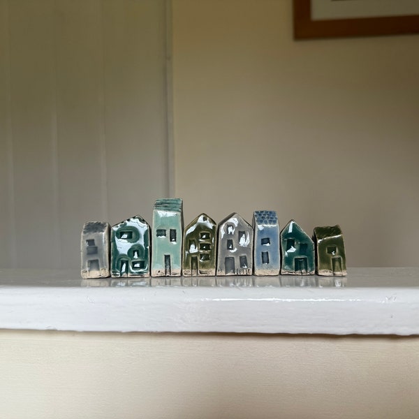 Small clay houses mini ornament ceramic cottages terrarium majolica. Handmade gift for friend birthday Christmas Easter.Teal sage green