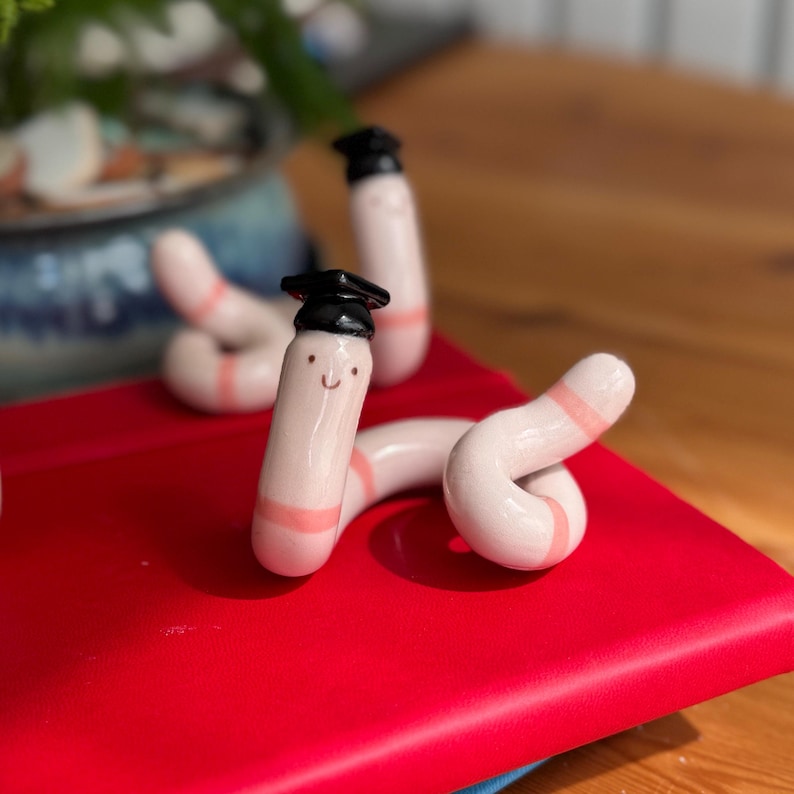 May include: Three small, pale pink ceramic worm figurines with smooth, glossy surfaces. Each worm features a hand-painted smiling face and wears a tiny, black, flat-topped graduation cap. The worms have subtle pink bands around their bodies.