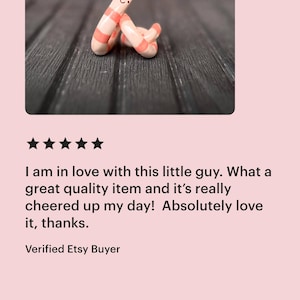 May include: A small, coiled worm figurine crafted from smooth material, featuring a pale pink base color with horizontal coral-orange stripes. The worm has a rounded head with two simple black dots for eyes and a tiny, curved black line for a mouth.