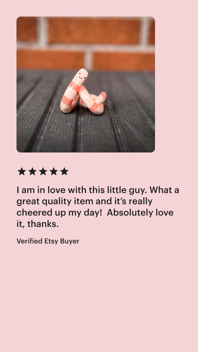 May include: A small, coiled worm figurine crafted from smooth material, featuring a pale pink base color with horizontal coral-orange stripes. The worm has a rounded head with two simple black dots for eyes and a tiny, curved black line for a mouth.