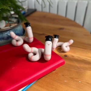 May include: Three small, glossy ceramic worm figurines, each featuring a pale pink body with a darker pink band and a black graduation cap. Each worm has a simple, hand-painted smiling face with two black dots for eyes and a small curved line for a mouth.