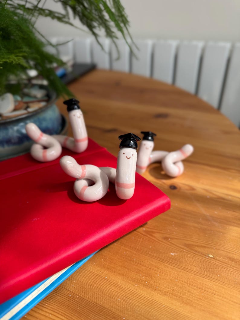 May include: Three small, glossy ceramic worm figurines, each featuring a pale pink body with a darker pink band and a black graduation cap. Each worm has a simple, hand-painted smiling face with two black dots for eyes and a small curved line for a mouth.