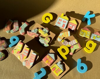 Sets of Vibrant Handpainted Ceramic Fridge Magnets - Colourful Socks, Houses, Pastel Colours. Fun Fridge Magnet