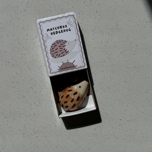 May include: A small ceramic hedgehog figurine with brown spots resting inside a white cardboard matchbox. The box lid features a drawing of a hedgehog and the text MATCHBOX HEDGEHOG and SAMRAMICS printed in black ink on the front cover.