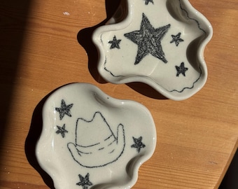 Handmade Ceramic Trinket Dish | Ring Holder Dish | Cute Jewellery Tray | Wavy Pottery Dish | Star, Cowboy, One of a Kind