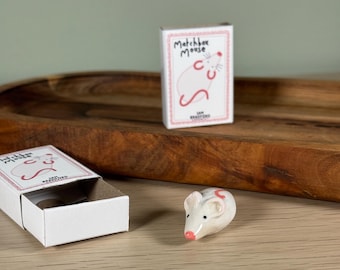 Ratón de cerámica hecho a mano en caja de cerillas dibujada a mano – Juguete artístico en miniatura, regalo, envío gratuito