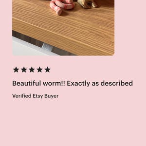 May include: A small, coiled ceramic worm figurine featuring alternating light pink and white horizontal stripes, with a simple hand-painted face consisting of two black dots for eyes and a small curved line for a mouth, positioned on a wooden surface.