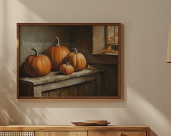 Printable Halloween, Fall and Spooky Season Wall Art - Pumpkins and Autumn Leaves Painting