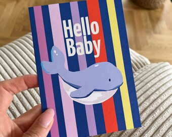 Whale Baby Greeting Card: Colorful Block Stripes, Hello Baby