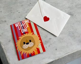 Lion Cub Baby Greeting Card: Colorful Stripes, Welcome Little One