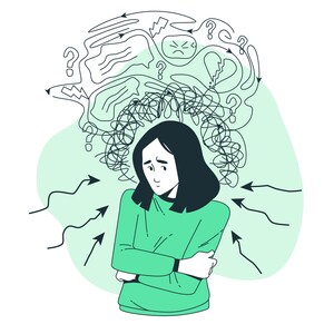 Puede incluir: Un dibujo lineal de una persona con una expresión preocupada, rodeada de líneas enredadas y signos de interrogación, lo que sugiere sentimientos de ansiedad y confusión.