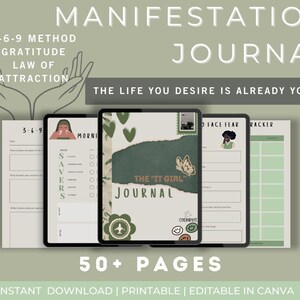 Puede incluir: Un diario digital imprimible con un esquema de color verde y blanco. La portada presenta el texto "The "It Girl" Journal" y un gráfico de mariposa. El diario está diseñado para ayudar a los usuarios a manifestar sus deseos utilizando el método 3-6-9. El diario incluye páginas para la gratitud, las afirmaciones y el establecimiento de objetivos. El texto "50+ Páginas" se muestra debajo de la portada del diario. El texto "Descarga instantánea | Imprimible | Editable en Canva" se muestra debajo del recuento de páginas.