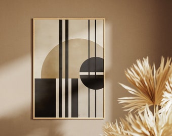 Arte mural moderno de mediados de siglo, formas geométricas abstractas, impresión minimalista, descarga digital, arte imprimible para sala de estar.