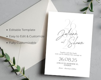 Elegant Minimalist Wedding Invitation Template | Editable Digital Download | Modern Black & White | Printable Invite