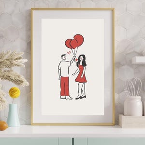 Minimalist Couple Print: Beige & Red Line Art (Digital Download)