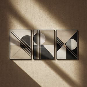 Set of 3 Mid-Century Modern Wall Art Prints – Abstract Geometric Shapes – Minimalist Printable Art for Home Decor