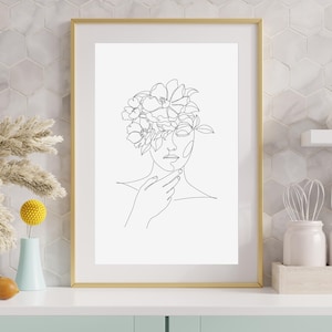 Minimalist Woman Line Art Print: Floral Female Face (Digital Download)