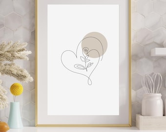 Minimalist Heart Line Art Print: Editable Botanical Love Poster (Digital Download