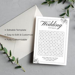 Gioco di ricerca di parole per matrimoni modificabile: attività minimalista per la festa della sposa (PDF e PNG)