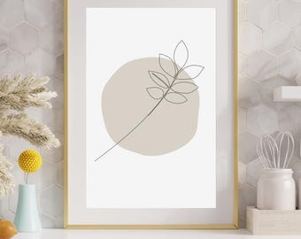 Impresión artística minimalista de hojas: Ilustración botánica japonesa beige (descarga digital)