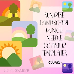 Könnte beinhalten: Digitaler Download von quadratischen Punch-Needle-Untersetzer-Vorlagen mit Sonnenaufgangs-Landschaftsdesigns. Die Vorlagen umfassen eine Vielzahl von Farben und Stilen, darunter eine rosa und grüne Landschaft mit einer Sonne, die über den Hügeln aufgeht, eine gelbe und grüne Landschaft mit einer Sonne, die über den Hügeln aufgeht, und eine violette und grüne Landschaft mit einem Mond, der über den Hügeln aufgeht.