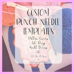 Op de afbeelding: Een close-up van een prikpen-sjabloon met garen in verschillende kleuren. De tekst luidt "CUSTOM PUNCH NEEDLE TEMPLATES Kussenhoezen Tassen Wanddecoraties etc. A3. A4. A5 Formaten of de maat die u wilt".