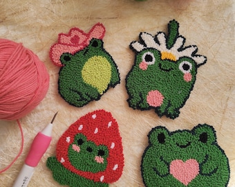 Frog Mug Rug, Handmade Punch Needle Cup Coasters, Housewarming Gift