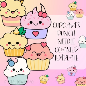 Op de afbeelding: Een digitaal downloadbare sjabloon voor het maken van cupcake-stansnaald-onderzetters. De sjabloon bevat verschillende schattige cupcake-ontwerpen met verschillende kleuren en toppings. De tekst "Cupcakes Punch Needle Coaster Template" wordt weergegeven op een roze achtergrond.