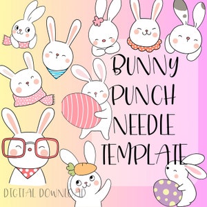Puede incluir: Descarga digital con conejitos de dibujos animados con accesorios. El texto "BUNNY PUNCH NEEDLE TEMPLATE" se muestra en una fuente caprichosa. El fondo hace la transición de amarillo a rosa. La imagen es una plantilla.