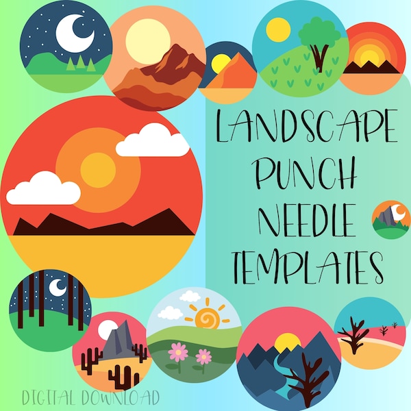 12 Mountain Sunrise Punch Needle Templates, Landscape Patterns,  PDF Pattern for Beginners,  Punch Needle Design, Emboridery Templates