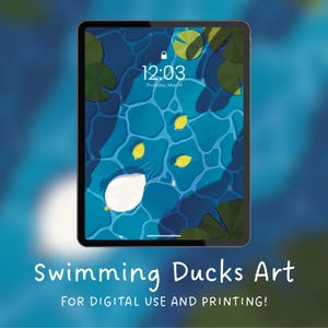 Pode incluir: Uma impressão de arte digital exibida em um tablet, apresentando uma serena cena aquática com nenúfares e objetos amarelos. A tela mostra a hora 12:03 e a data quinta-feira, 14 de maio. O texto "Swimming Ducks Art" e "FOR DIGITAL USE AND PRINTING!" está na parte inferior.