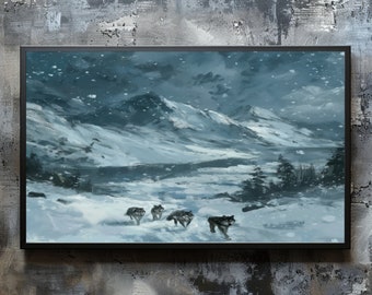 Winter landscape/ Wolf pack/ Mountain lake / Posters with Wooden Frame/ Physical painting/ Pine Trees Art/ Frozen lake/ Snowy mountains