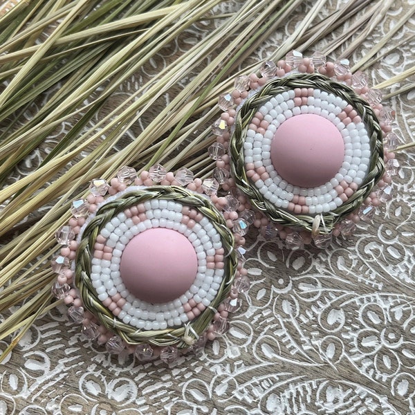 Handmade Round Braided Sweetgrass Stud Beaded Earrings