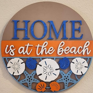 Layered &quot;Home is at the Beach&quot; Wooden wall Art, Beach House Decor, sand dollar wall, starfish decor, wall art, ocean decor, seaside decor