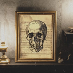 Póster de calavera en papel antiguo, póster de calavera, póster gótico, arte de pared gótico, calavera imprimible, arte gótico vintage, arte de pared de academia oscura