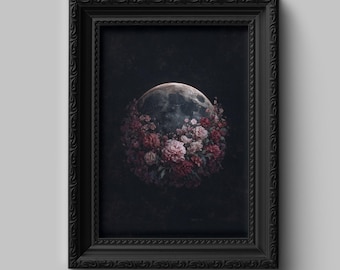 May include: A framed art print featuring a surreal image of a moon encircled by a cluster of red and pink flowers. The artwork is set against a dark background and enclosed in a black, ornate frame, creating a dramatic and artistic aesthetic.