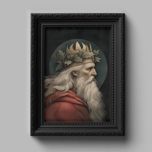 May include: A framed portrait of an elderly man with a long white beard and a crown of leaves. The man is wearing a red robe and is set against a dark background with a blue halo. The black frame has an ornate design.