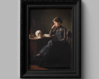 Gothic Woman in Library – Dark Academia Wall Art, Gothic Print, Moody Home Decor, Gothic Victorian Illustration, Literary Art Print