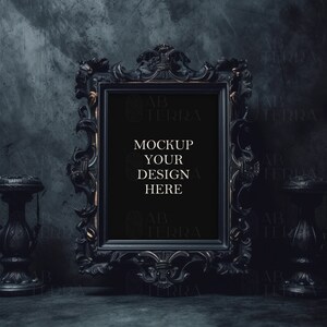Mockup cornice ornamentale nera, mockup cornice gotica nera, mockup cornice in legno, mockup arte murale, mockup cornice vintage, mockup psd