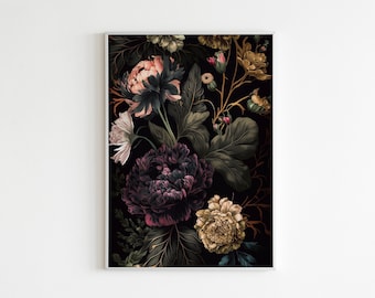 Arte de pared con motivos florales oscuros, estampado floral de tono melancólico, póster botánico, estampado floral oscuro, decoración del hogar, decoración de pared, arte botánico oscuro, cottagecore oscuro